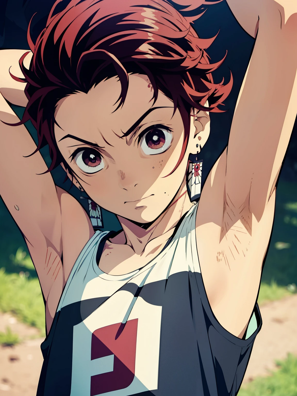 Anime style, Highres, Masterpiece, Best quality at best,High-quality illustrations, Best Quality,hight quality, hight detailed, realistic, 1boy,Little Boy, Tanjiro, Red hair, Earring, hansome boy, cute face, adorable boy, Simple beckground, Cheerful boy, Tank top, Body, (showing armpit:1.3), Smooth armpit, boy focus, Uhd, 4k