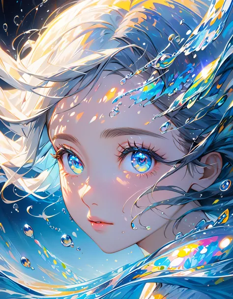 girl swims underwater,hyper detailed render style,glow,yellow,blue,brush,surreal oil painting,shiny eyes,head closeup,exaggerate...