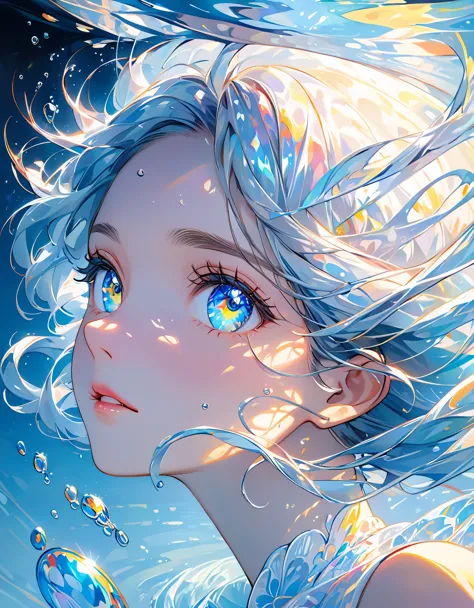 girl swims underwater,hyper detailed render style,glow,yellow,blue,brush,surreal oil painting,shiny eyes,head closeup,exaggerate...