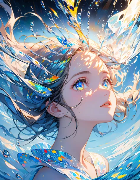girl swims underwater,hyper detailed render style,glow,yellow,blue,brush,surreal oil painting,shiny eyes,head closeup,exaggerate...