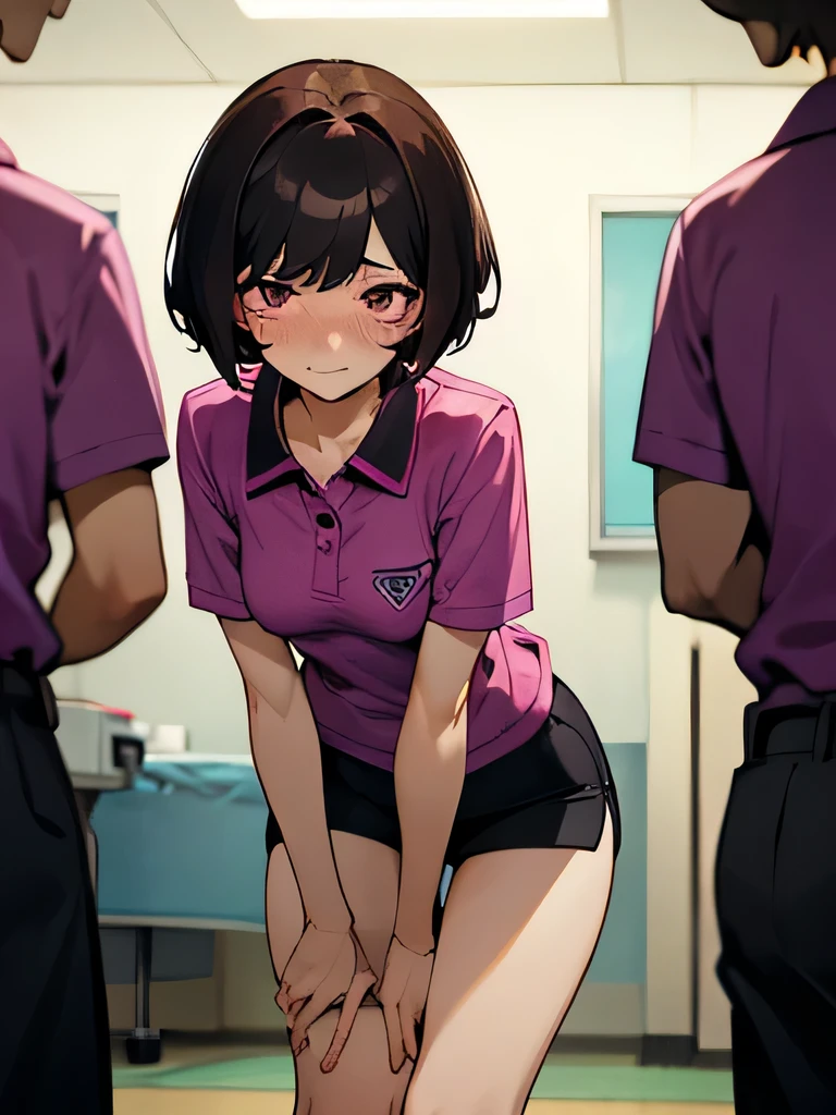 short hair, pubic hair, beautiful breasts, embarrassed, shy, anxious, dark hair, short sleeves, arms, in the hospital, magenta polo shirt, no underwear, bending over, many men around watching, short clothes, bare chest, dark eyes