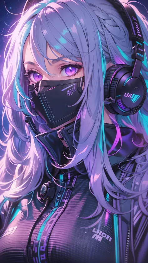 1 girl, Silver light blue hair, Gradient purple hair ends, super long hair, Technical clothing masterpiece, actual, Dark purple ...