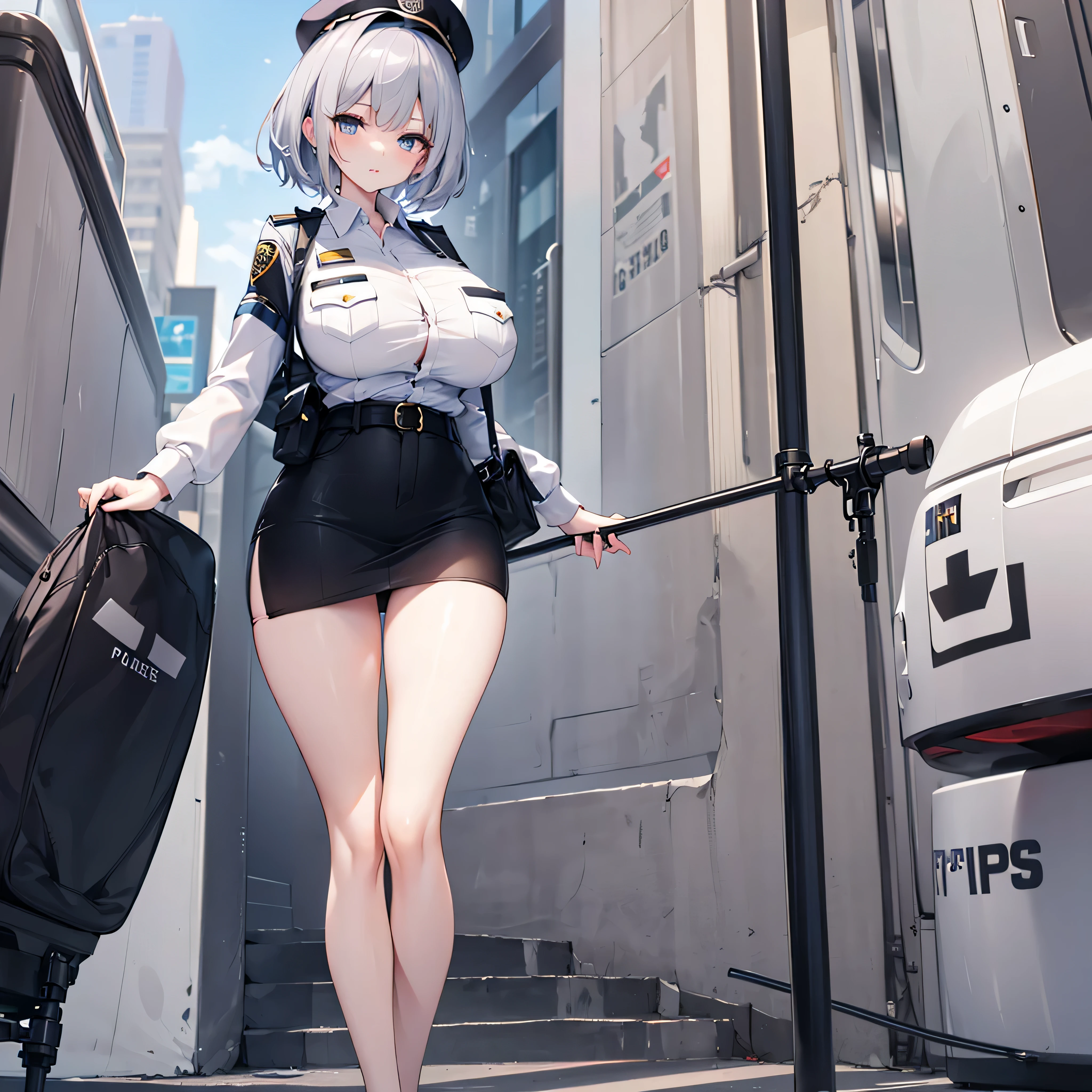 (solo), (1 policewoman), very tight miniskirt, thigh gap, highheels, narrow shoulders, (bursting disproportionately huge breasts), narrow waist, (slim hip), (skinny long legs), short hair