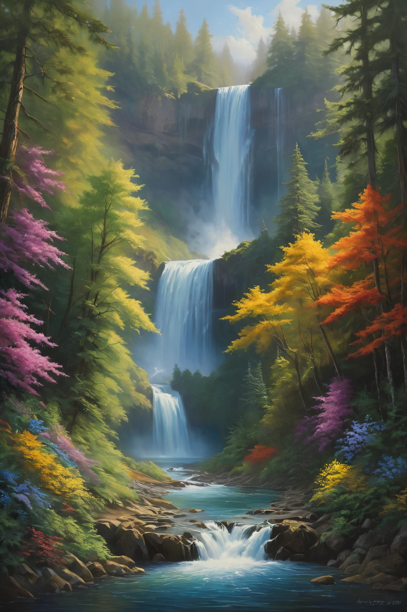 painting of a cascade in a forest with a river running through it, an endless cascade, multiple cascades, cascades, with trees and cascades, floating cascades, (cascade), with cascades, par Michael James Smith, en cascade cascades, flowers and cascades, en cascade iridescent cascades, cascade, several cascades, high cascades, en cascade, forest and cascade