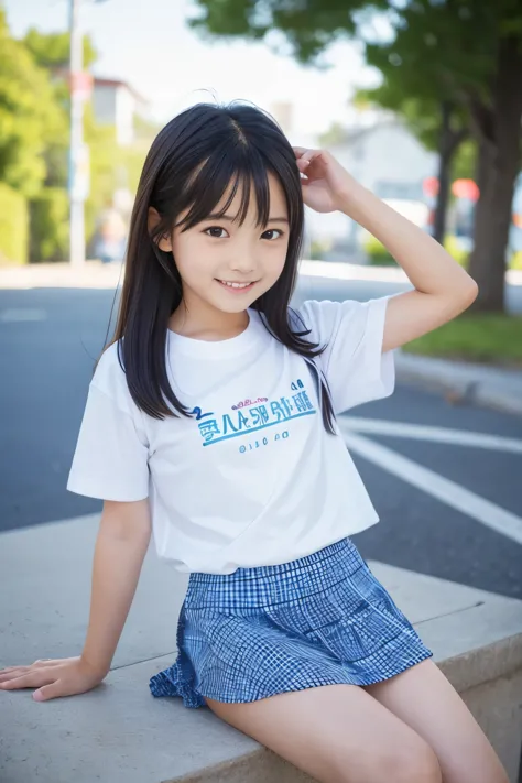 8K,masterpiece,Japanese,9 year old girl,from the front,smile,cute,innocent face,innocent,gentle eyes,Childish,plain t-shirt,short sleeve,A short blue checked skirt,semi-long,hair blowing in the wind,black hair,Slightly strong wind,noon,bright,sitting