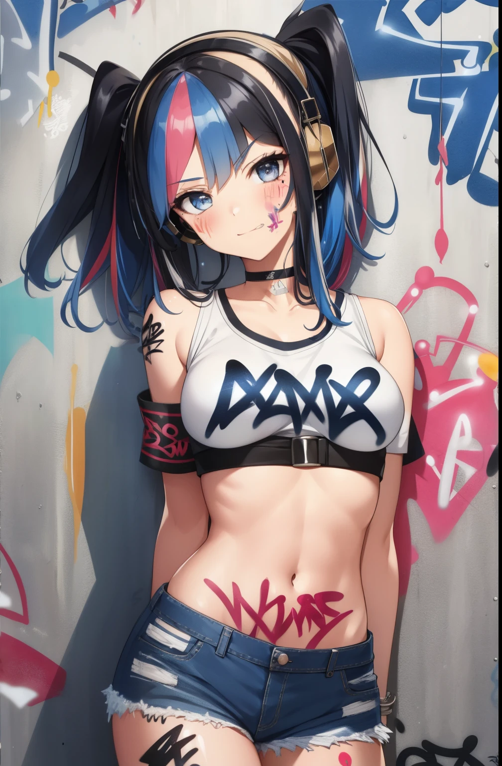 masterpiece, best quality, 1girl, solo, crop top underboobs , denim shorts, choker, (graffiti:1.5), paint splatter, arms behind back, against wall, looking at viewer, armband, thigh strap, paint on body, head tilt, smug excitada , multicolored hair,  headset,