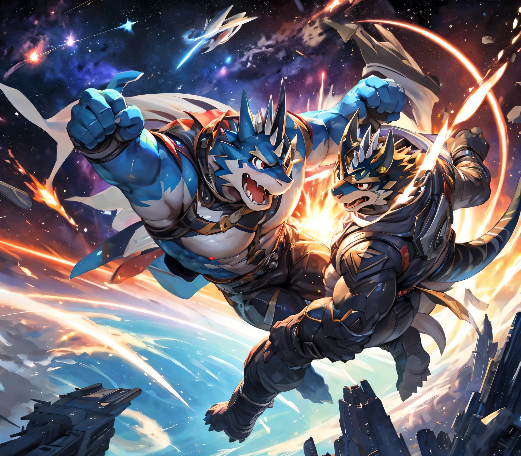 masterpiece,high quality,anime,detailed eyes, male, two characters, Ryekie: 1.1, Exveemon: 1.1, Ryekie and exveemon Fight alongside together, Great physique,strong arms manly, Battlefield, Battle, War Airplanes, Space, Blackhole, Casual suit, Star explode, (Colorful Spark), Shimmering Space, Joyful, by null-ghost,by pino daeni