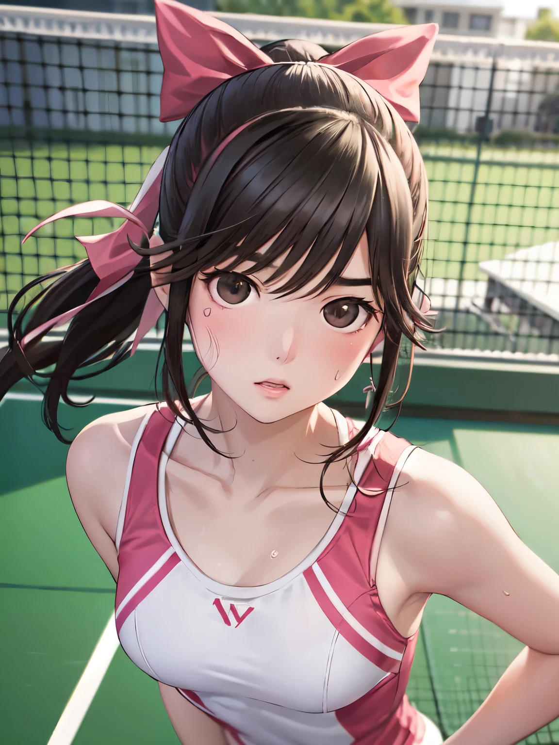 Super Detailed Game CG, (High resolution:1.1),(absurd:1.1), anime, Tennis court、pretty girl, 1 girl, takane manaka, small breasts, black hair ponytail, red hair ribbon,White and pink tennis wear, bangs, wind effect, reflection effect, serious face、beauty in return、Reddish cheeks、 beautiful perfect face, droopy eyes、view audience、With a wave of hands、trot、sweaty