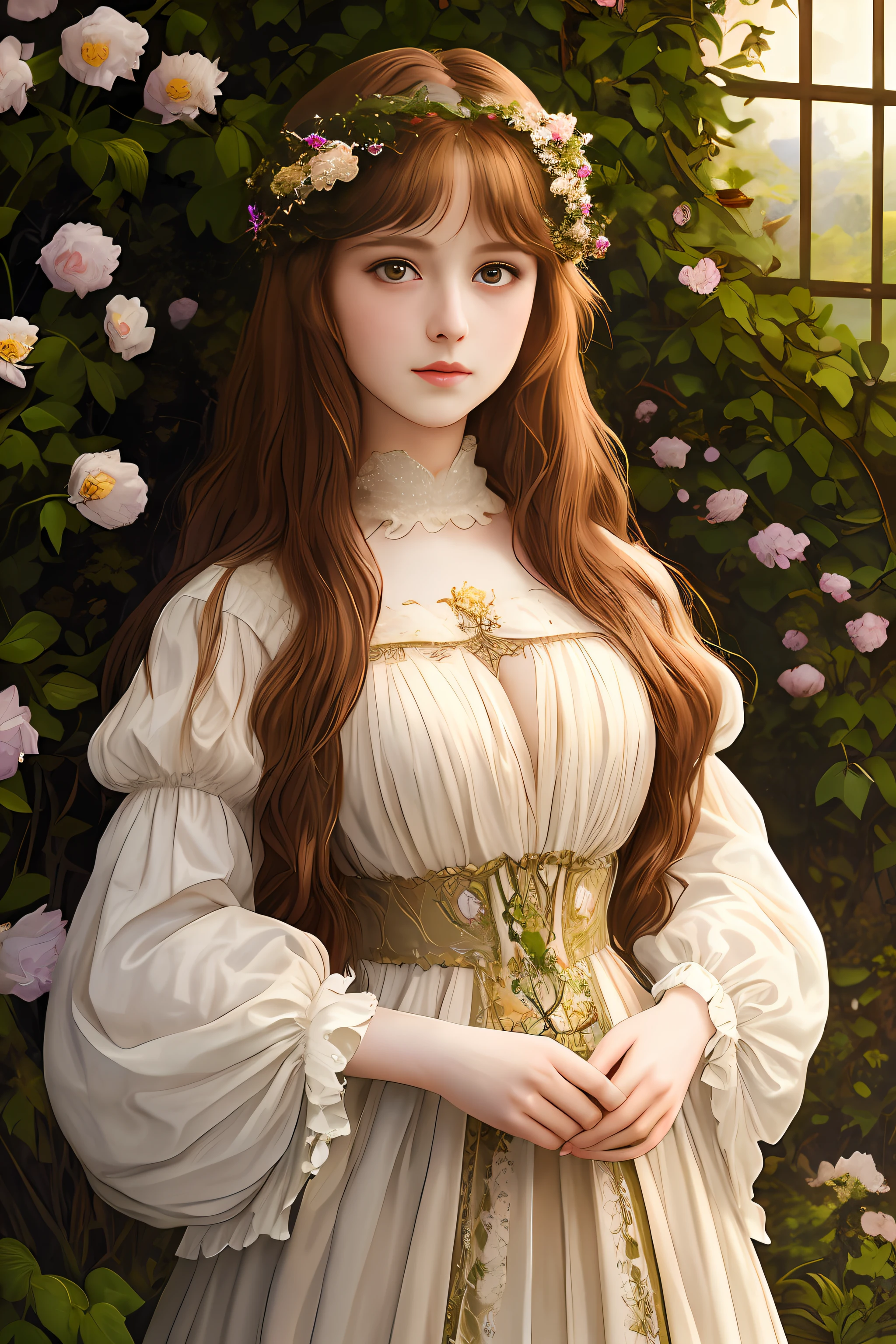 「Na obra-prima pré-rafaelita、Princesa de fantasia muito bonita e jovem em pé no jardim de flores、Brilha com efeitos fotorealistas e de sonho em contraluz。Seu cabelo castanho é macio e iluminado、Seu vestido transparente oferece um vislumbre de decote。O arco completa a cena surreal。」