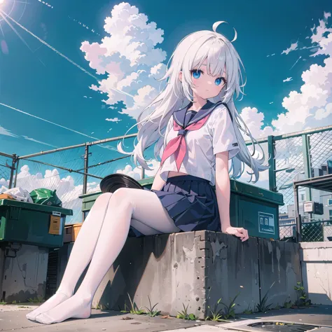 ((masterpiece, best quality)),a girl, solo, skirt, sky, sitting, pantyhose, serafuku, cloud,outdoors, neckerchief ,day, bangs, f...