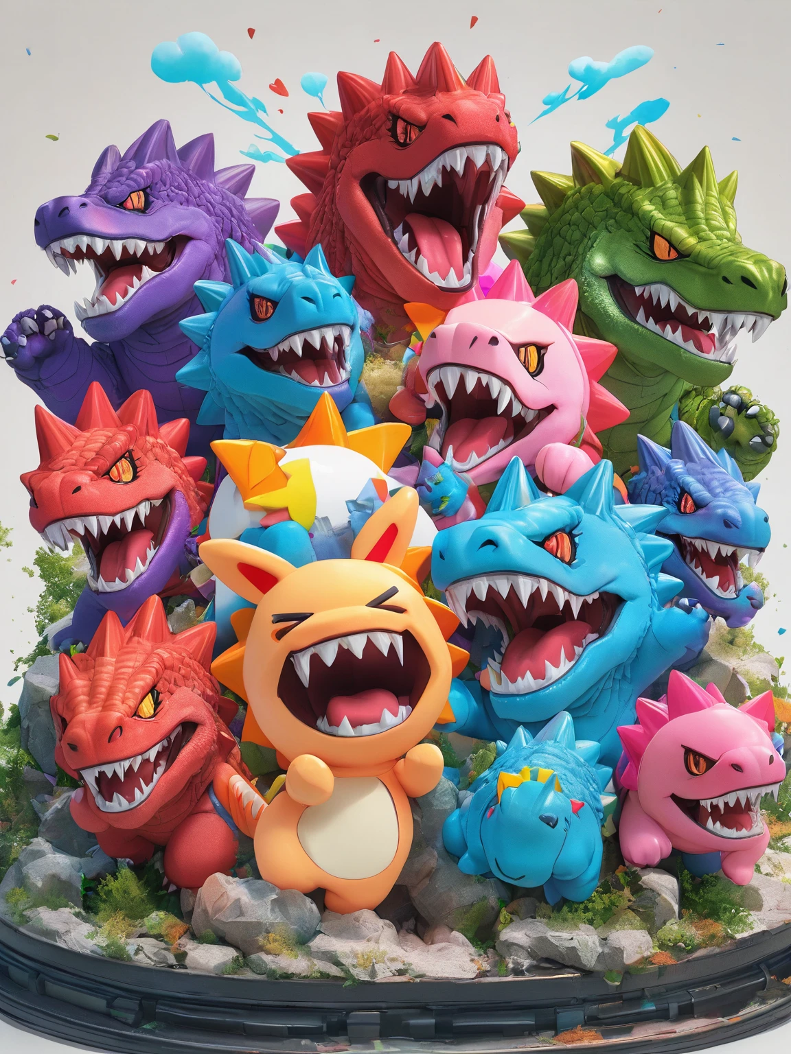 diy21，This image shows a (godzilla:1.2) plushy, pop color, colorful, angry , laser breath, cute, fluffy