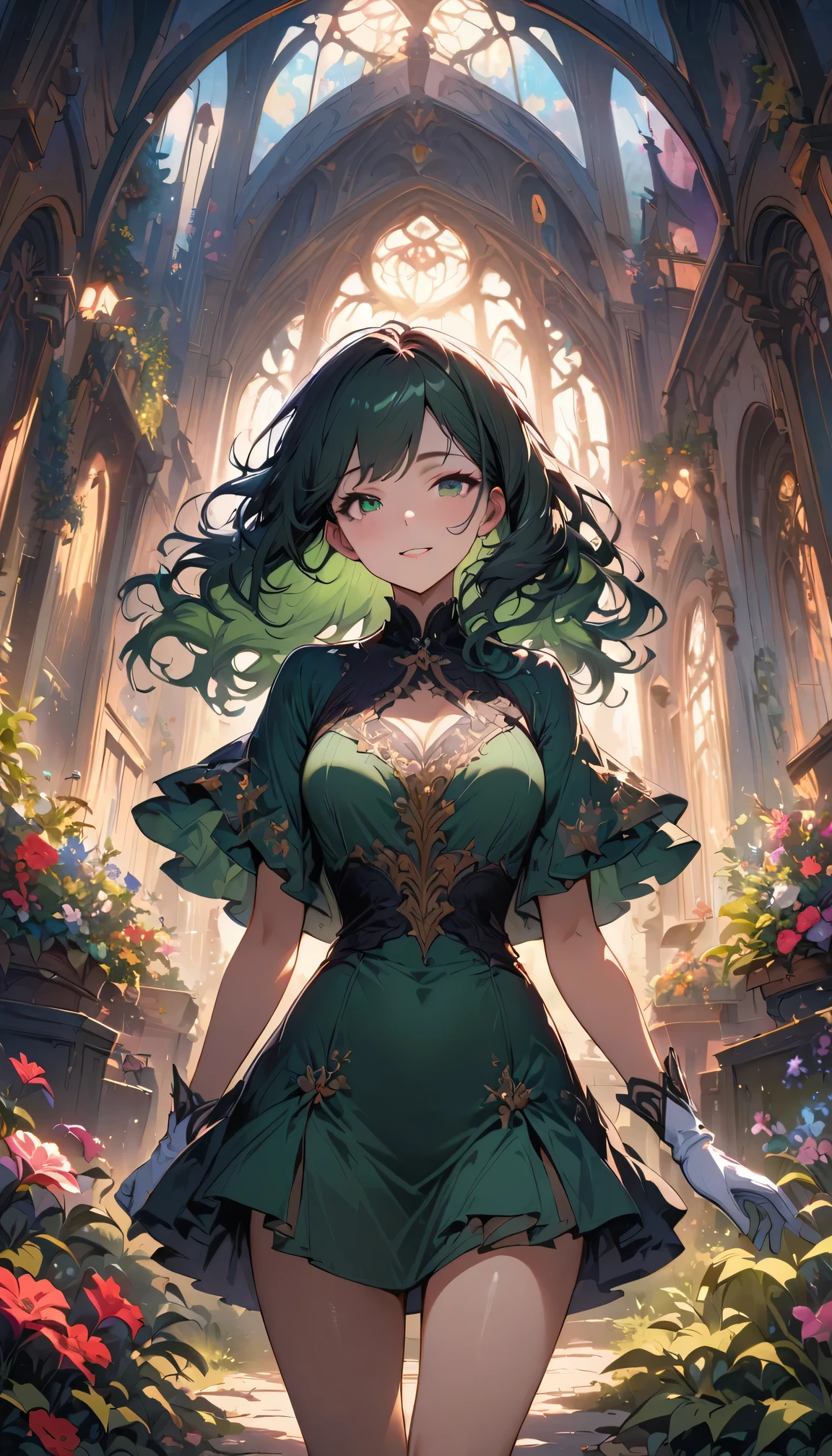(Extremely detailed CG Unity 8K wallpaper, masterpiece, best quality), (Exquisite light and shadow, Very dramatic picture, movie lens effects), (beautiful girl: 1.4), Exquisite facial features, charming smile, starry eyes, ((dark green hair)), Tight tops, White gloves, mini skirt, dynamic poses, lying in the garden), (A garden full of flowers in the background) (Excellent details, Excellent lighting, wide angle), (Excellent rendering, enough to be proud of its kind),