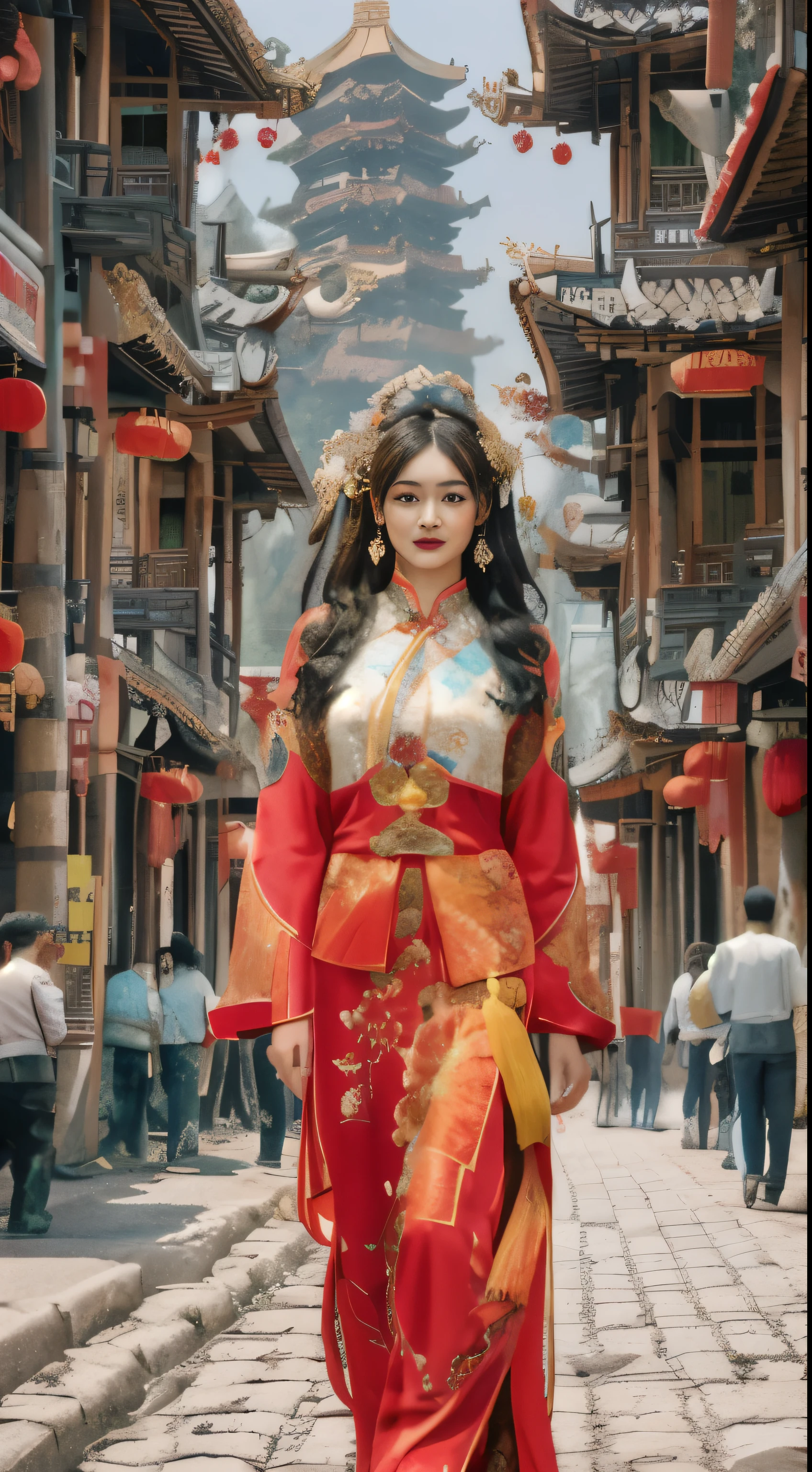 Woman in red and white dress walking on the streets of Chinese city, palace ， A girl wearing hanfu, hanfu, Matching Chinese clothing, Chinese traditional clothing, wearing chinese clothes, Hanfu, Sha Xi, Chinese girl, full body xianxia, cheongsam, Chinese style, chinese woman, chinese princess, clothed in ancient street wear