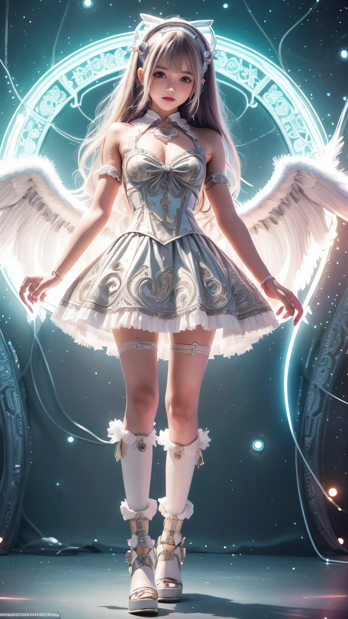 Cyborg, Girl, Beautiful girl, Cute, Sexy, Strong, Slender, Delicate, Smile, (Lolita costume), High legs, Metallic, ultra color, paisley, Headgear, mandalas, Near future, Heaven, angel, feater, wing, Helix lamp