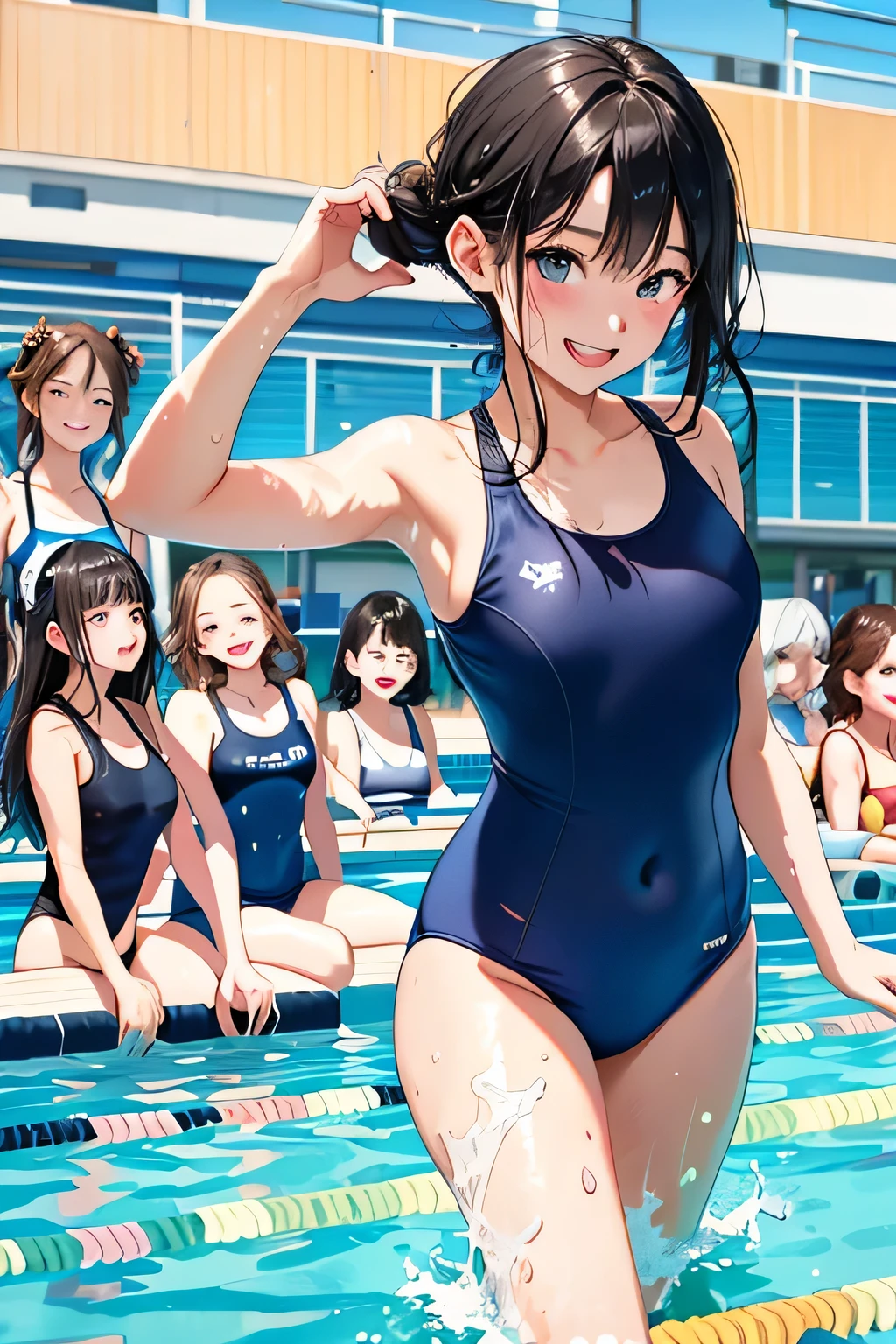 Anime girl in a swim suit standing in a pool with other girls - SeaArt AI