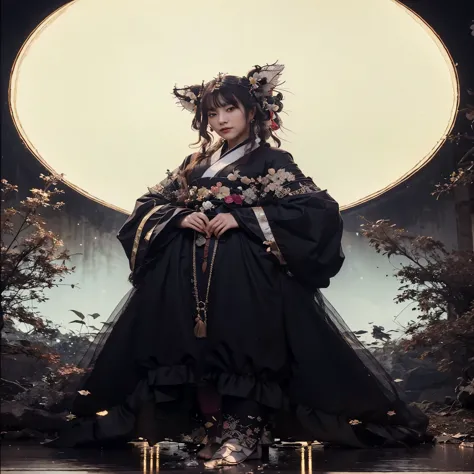A woman in a black dress standing in front of a full moon, palace, a girl in Hanfu, a beautiful fantasy empress, ((a beautiful f...