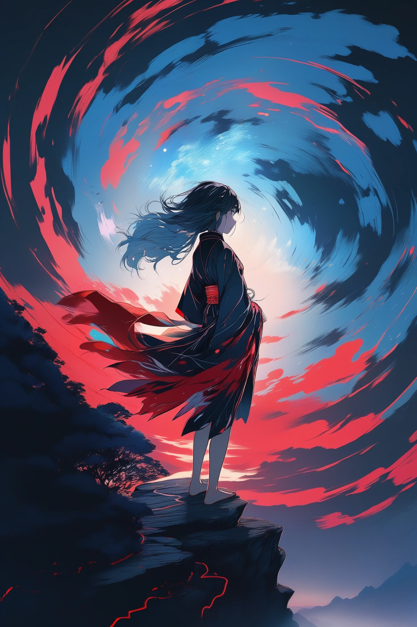 (best quality, sketch:1.2),realistic,illustrator,anime,1 girl, detailed lips, kimono,custom, black and red gradient background,neon hair,textured cropping, masterpiece, style retro classic, anime, a girl standing on a cliff looking at a spiral, cyberpunk art inspired by Yuumei, trending on pixiv, space art, makoto shinkai cyril rolando, cosmic skies. by makoto shinkai, dreamy psychedelic anime, beautiful anime scene, anime epic artwork, watching the sun set. anime, realism | beeple