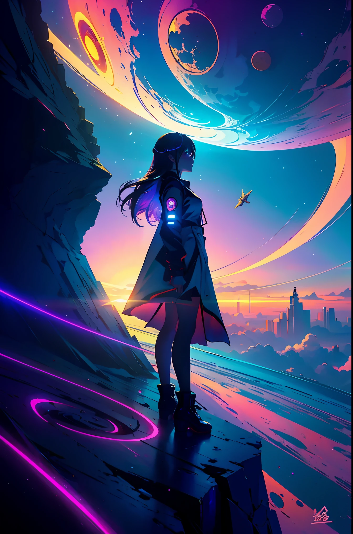 (best quality),anime, a girl standing on a cliff looking at a spiral, cyberpunk art inspired by Yuumei, trending on pixiv, space art, makoto shinkai cyril rolando, cosmic skies. by makoto shinkai, dreamy psychedelic anime, beautiful anime scene, anime epic artwork, watching the sun set. anime, realism | beeple