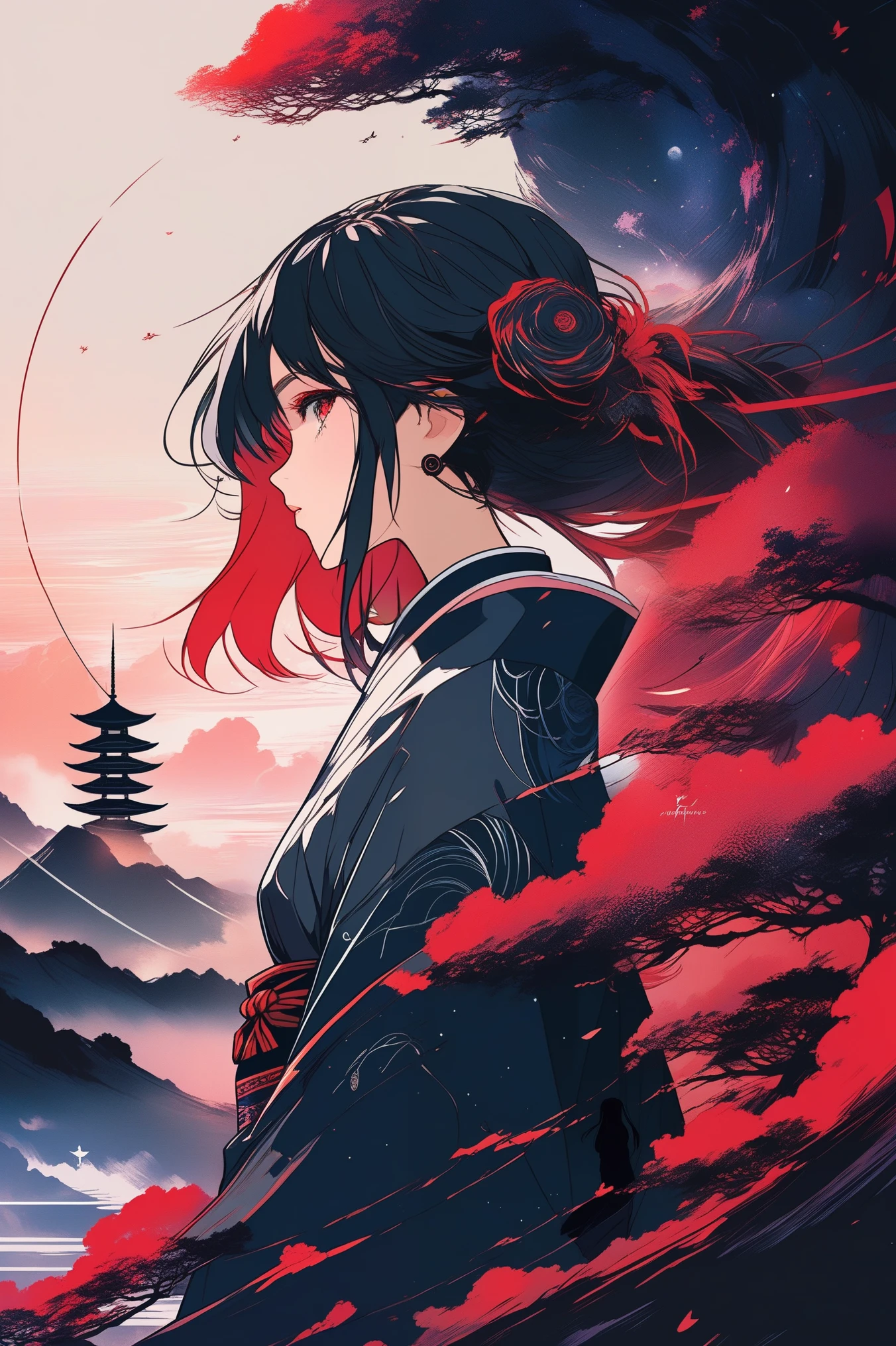 (best quality, sketch:1.2),realistic,illustrator,anime,1 girl, detailed lips, kimono,custom, black and red gradient background,neon hair,textured cropping, masterpiece, style retro classic, anime, a girl standing on a cliff looking at a spiral, cyberpunk art inspired by Yuumei, trending on pixiv, space art, makoto shinkai cyril rolando, cosmic skies. by makoto shinkai, dreamy psychedelic anime, beautiful anime scene, anime epic artwork, watching the sun set. anime, realism | beeple