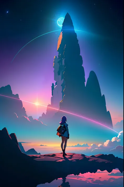 (best quality),anime, a girl standing on a cliff looking at a spiral, cyberpunk art inspired by Yuumei, trending on pixiv, space...