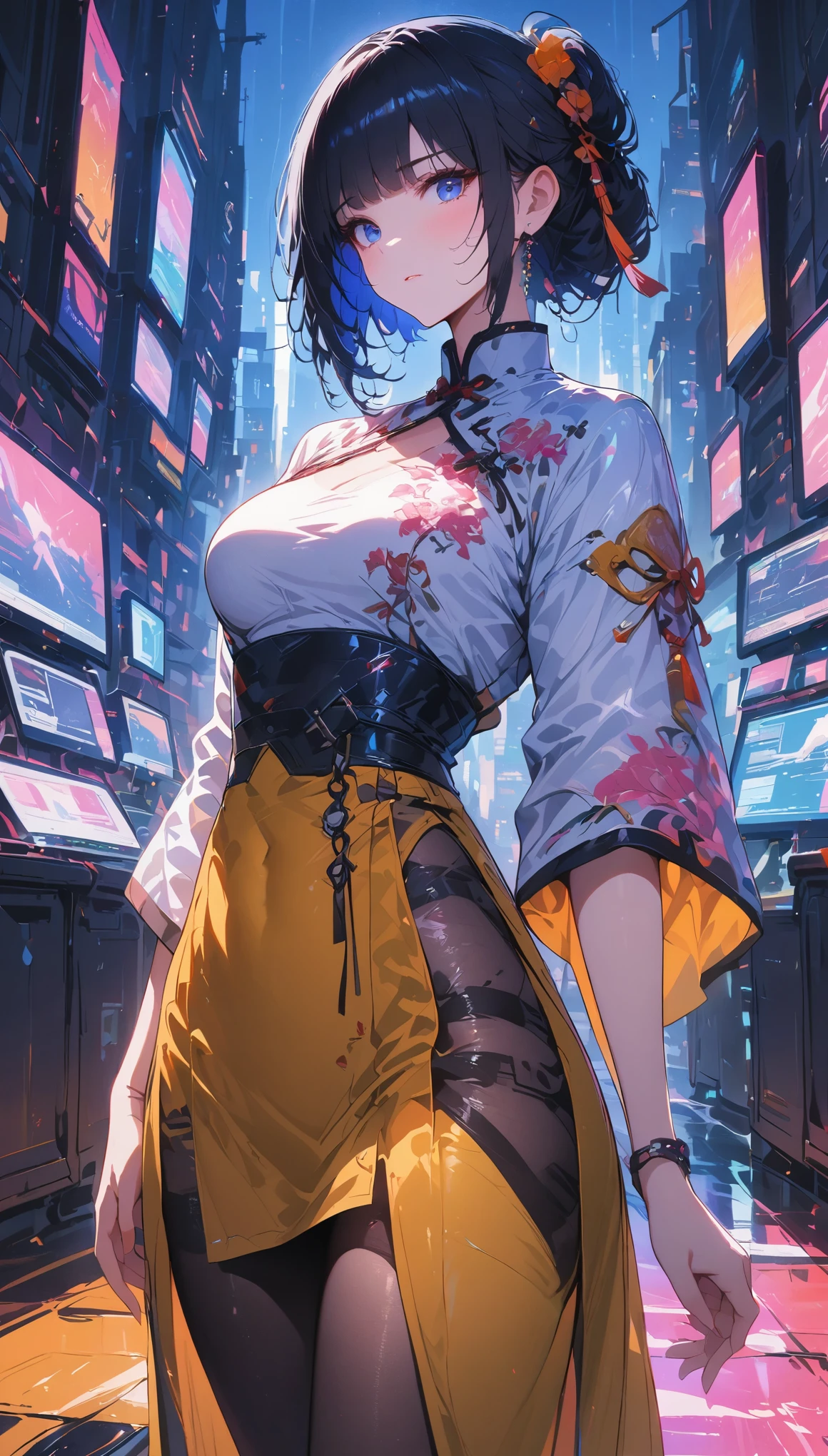 (Highest resolution, Clearly_image), best quality, masterpiece, Very detailed, semi-realistic, Black短发, Commander Cheng in Hanfu, triple bangs, Black, Black百褶裙, , spaceship space, control room, cyberpunk