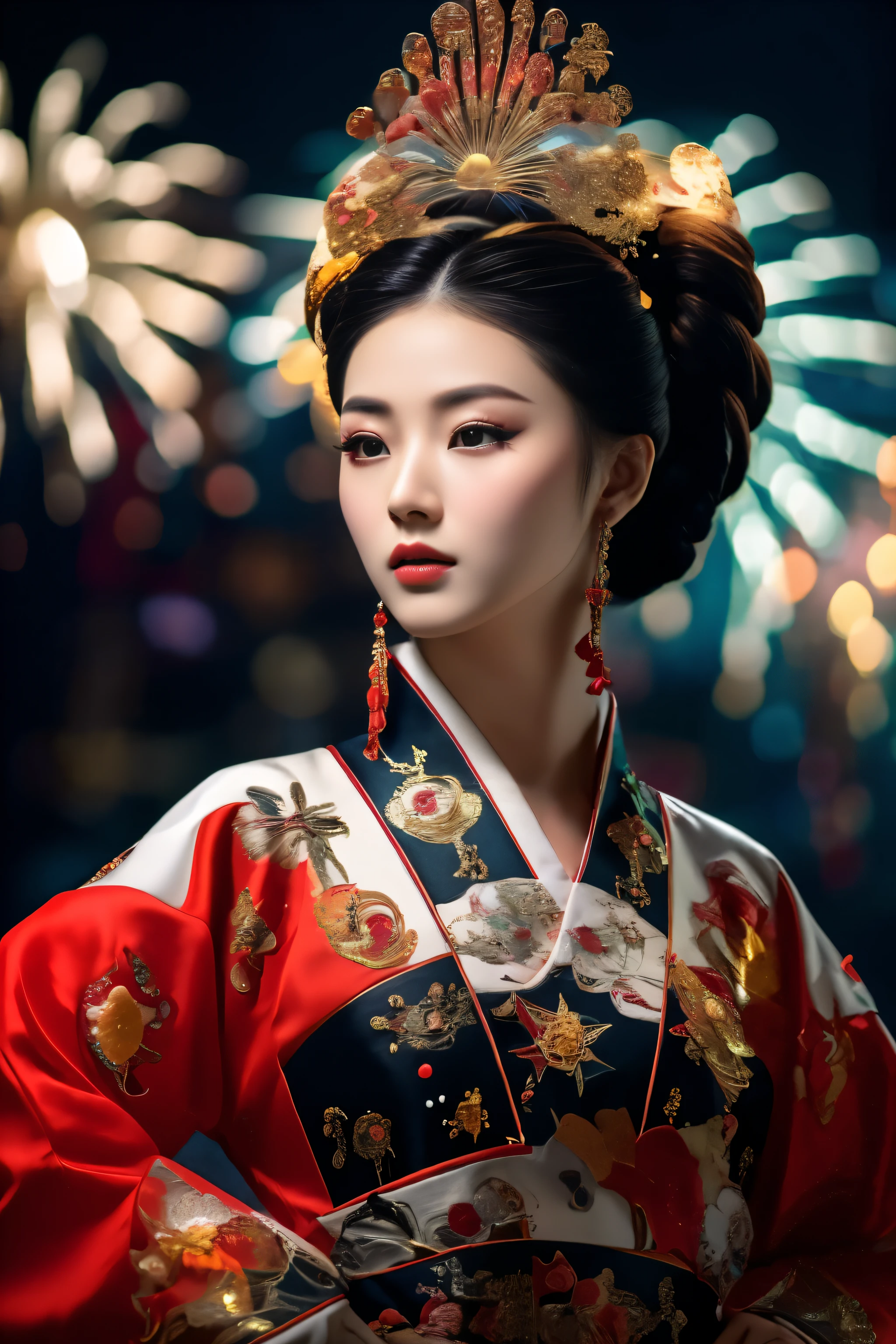 masterpiece,(best quality:1.3),ultra high resolution,original photo,Delicate skin,beautiful lights,(actual, photo-actual:1.4),
1 girl,national style,whole body,(Fireworks background:1.2),Professional stage lighting,