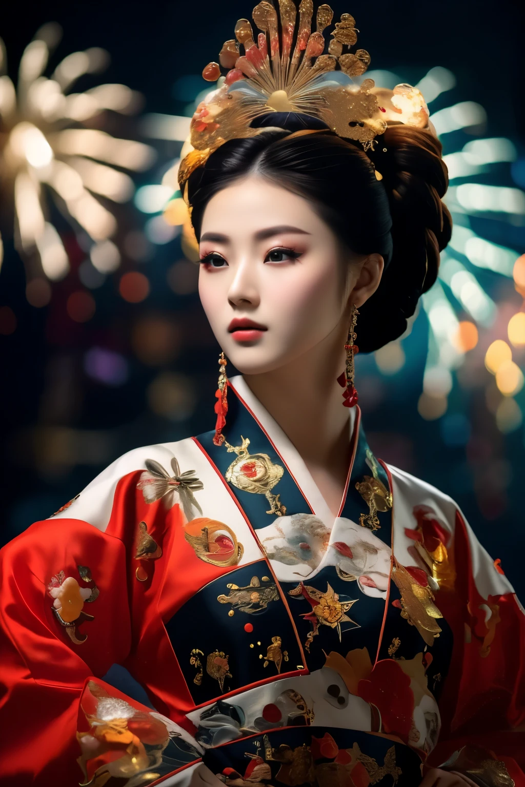 masterpiece,(best quality:1.3),ultra high resolution,original photo,Delicate skin,beautiful lights,(actual, photo-actual:1.4),
1 girl,national style,whole body,(Fireworks background:1.2),Professional stage lighting,