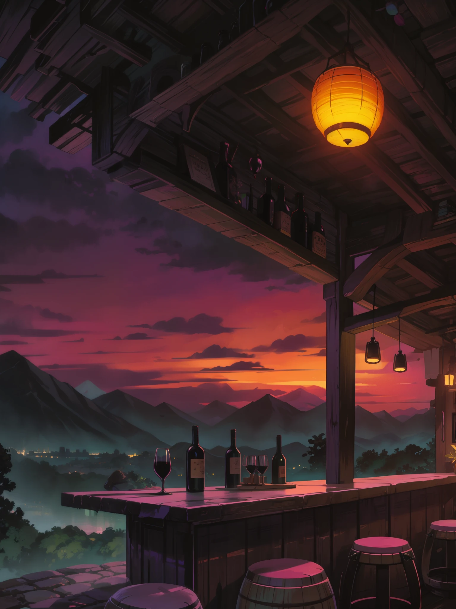 a stone walled bar setup, shelf with view of mountains, evening time, leafy plant pots, bar stools, ghibli style, flowera growing inside on a barrel, lanterns hanging, pink and purple cloudy vast sky, vibrant nature, vibrant colors, intrinsic details, bottles and wine glass outdoors, high contrast, saturated tones, thick lines