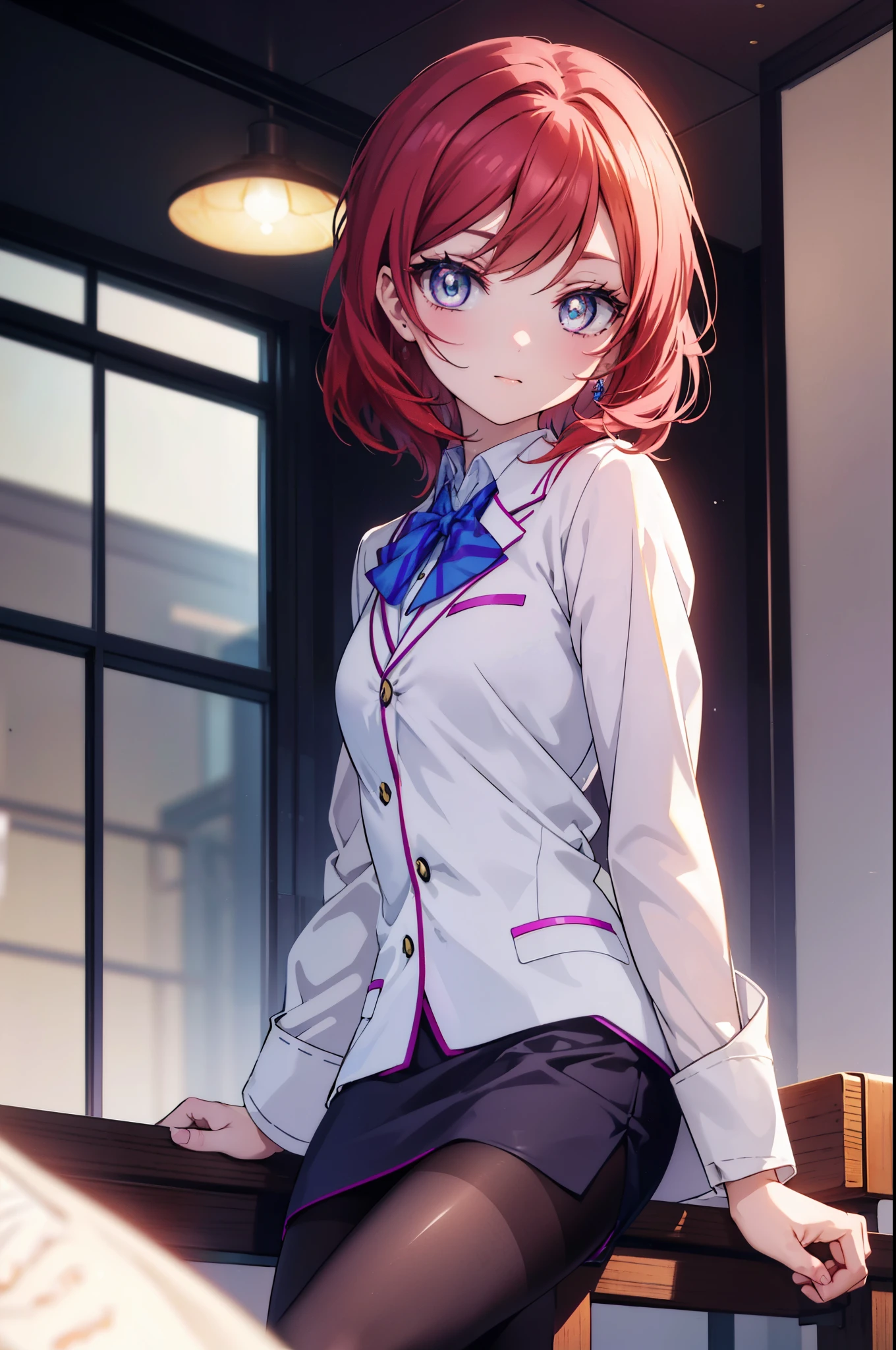 makinishikino, Maki Nishikino, short hair, (purple eyes:1.1), redhead,happy smile, smile, open your mouth, amazingly beautiful、((doctor&#39;s white coat)), collared shirt、doctor style)), ,(( silk blouse、black pencil skirt、 black pantyhose))、stiletto heels,sitting in a chair with legs crossed,There is a chart on the table,白を基調としたExamination room,So that the whole body goes into the illustration,sexy pose,
break indoors, Examination room,
break looking at viewer, (cowboy shot:1.5),
break (masterpiece:1.2), highest quality, High resolution, unity 8k wallpaper, (figure:0.8), (detailed and beautiful eyes:1.6), highly detailed face, perfect lighting, Very detailed CG, (perfect hands, perfect anatomy),