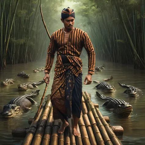 there is a man walking on a bamboo raft in the water, inspired by Rudy Siswanto, javanese mythology, inspired by I Ketut Soki, s...