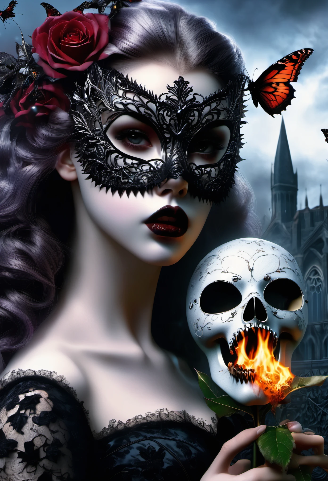 (best quality,4k,8k,highres,masterpiece:1.2),ultra-detailed,(realistic,photorealistic,photo-realistic:1.37),gothic art,girl with mask,lace dress,thorny rose,creepy,terrifying,burning butterfly,holding a skull.