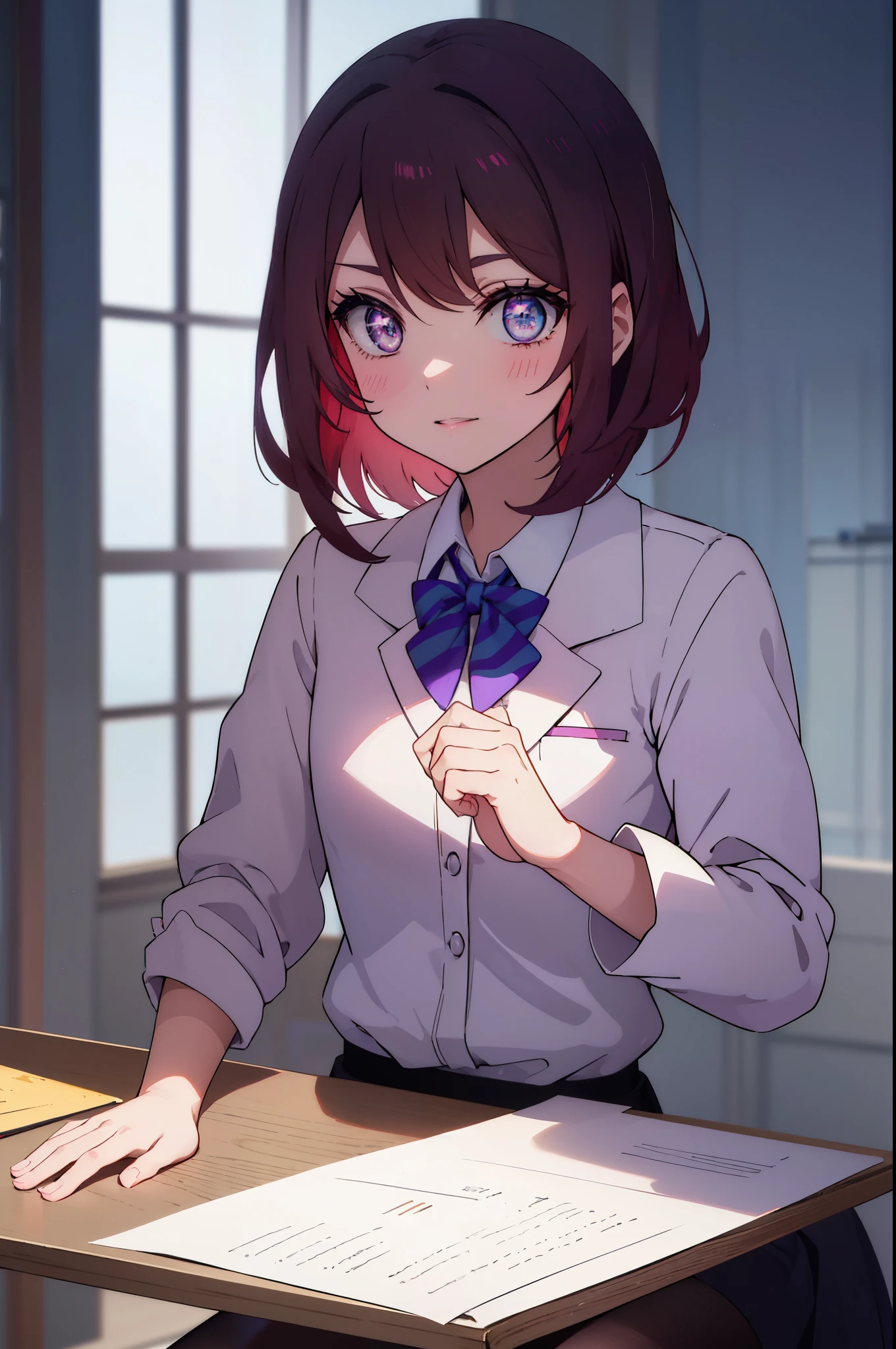 makinishikino, Maki Nishikino, short hair, (purple eyes:1.1), redhead,happy smile, smile, open your mouth, amazingly beautiful、((doctor&#39;s white coat)), collared shirt、doctor style)), ,(( silk blouse、black pencil skirt、 black pantyhose))、stiletto heels,sitting in a chair with legs crossed,There is a chart on the table,Examination room with a white theme,So that the whole body goes into the illustration,sexy pose,
BREAK indoors, Examination room,
BREAK looking at viewer, (cowboy shot:1.5),
BREAK (masterpiece:1.2), highest quality, High resolution, unity 8k wallpaper, (figure:0.8), (detailed and beautiful eyes:1.6), highly detailed face, perfect lighting, Very detailed CG, (perfect hands, perfect anatomy),