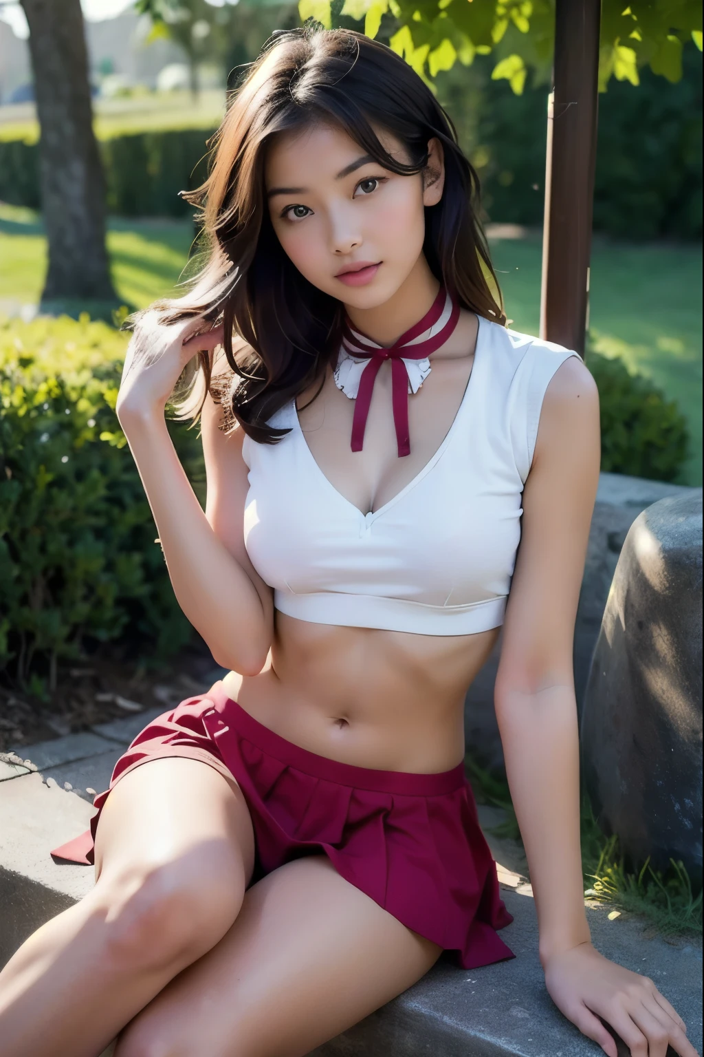 Arafed asian woman sitting on a bench in a white top and red skirt - SeaArt  AI