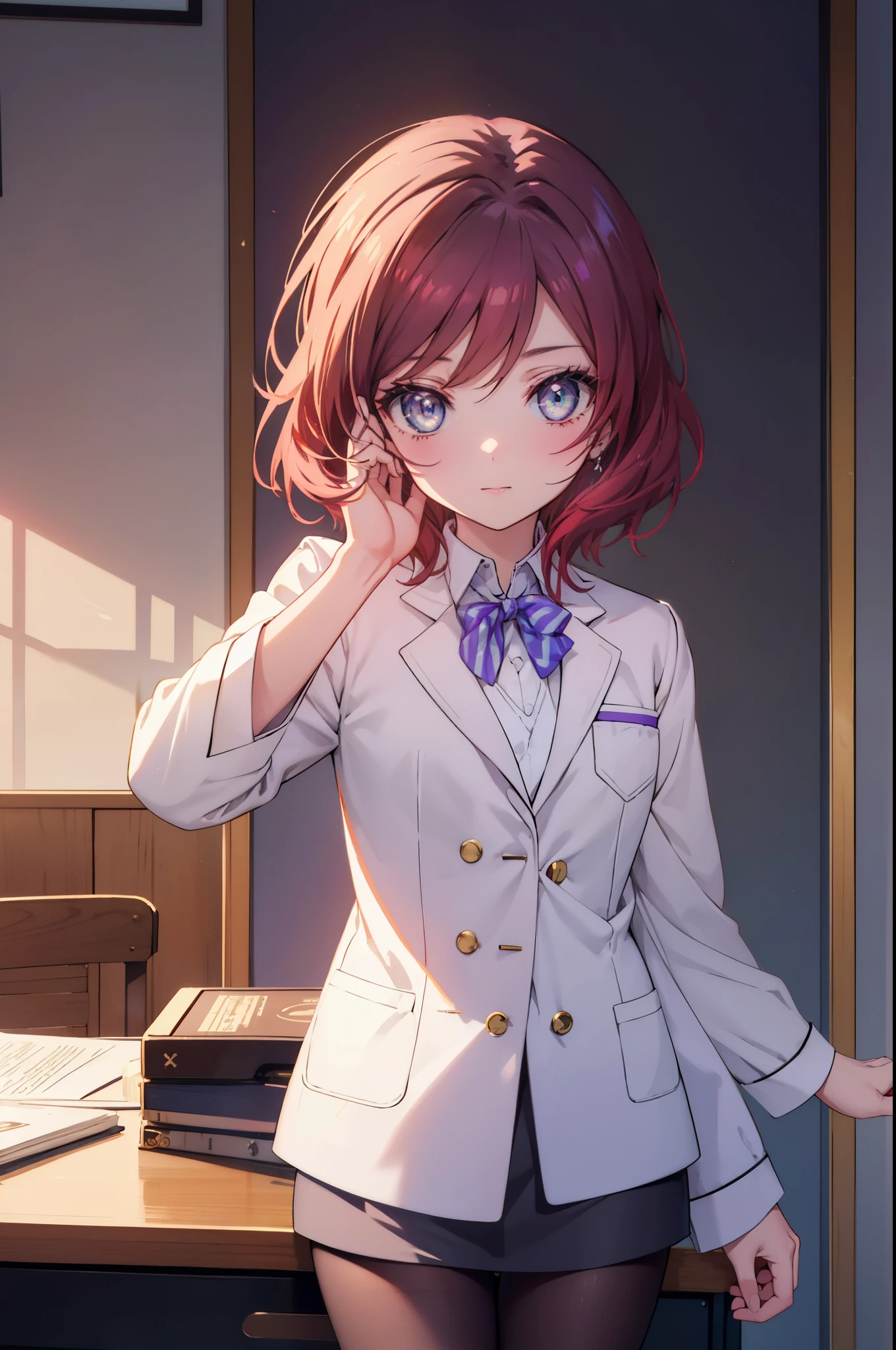 makinishikino, Maki Nishikino, short hair, (purple eyes:1.1), redhead,happy smile, smile, open your mouth, amazingly beautiful、((doctor&#39;s white coat)), collared shirt、doctor style)), ,(( silk blouse、black pencil skirt、 black pantyhose))、stiletto heels,sitting in a chair with legs crossed,There is a chart on the table,Examination room with a white theme,So that the whole body goes into the illustration,sexy pose,
BREAK indoors, Examination room,
BREAK looking at viewer, (cowboy shot:1.5),
BREAK (masterpiece:1.2), highest quality, High resolution, unity 8k wallpaper, (figure:0.8), (detailed and beautiful eyes:1.6), highly detailed face, perfect lighting, Very detailed CG, (perfect hands, perfect anatomy),