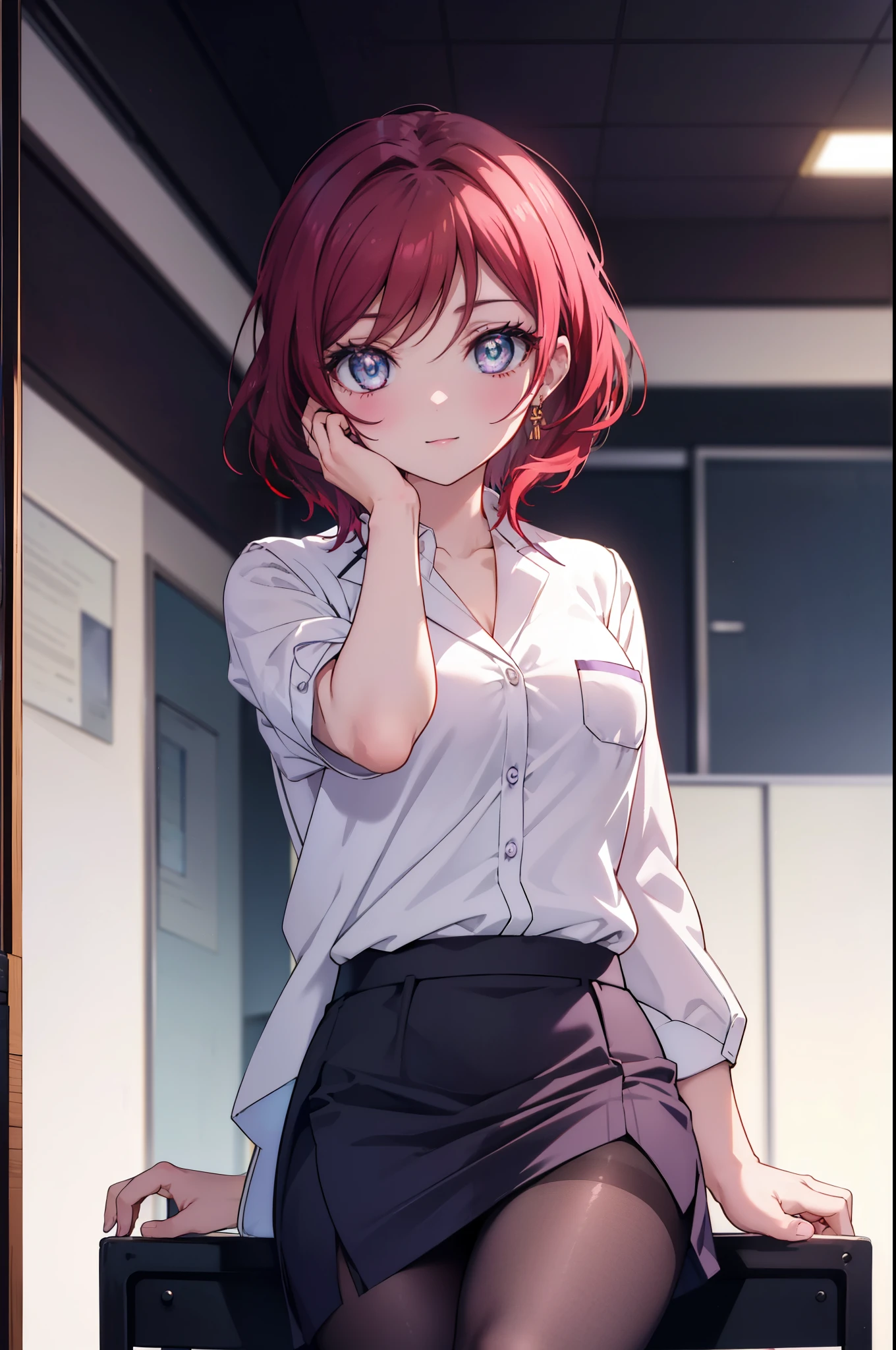 makinishikino, Maki Nishikino, short hair, (purple eyes:1.1), redhead,happy smile, smile, open your mouth, amazingly beautiful、((doctor&#39;s white coat)), collared shirt、doctor style)), ,(( silk blouse、black pencil skirt、 black pantyhose))、stiletto heels,sitting in a chair with legs crossed,There is a chart on the table,Examination room with a white theme,So that the whole body goes into the illustration,sexy pose,
BREAK indoors, Examination room,
BREAK looking at viewer, (cowboy shot:1.5),
BREAK (masterpiece:1.2), highest quality, High resolution, unity 8k wallpaper, (figure:0.8), (detailed and beautiful eyes:1.6), highly detailed face, perfect lighting, Very detailed CG, (perfect hands, perfect anatomy),