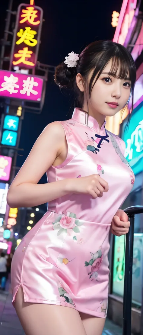 cute kung fu idol、whole body、good style、、、white and pink mini cheongsam（Floral）、、、Neon Cyber City