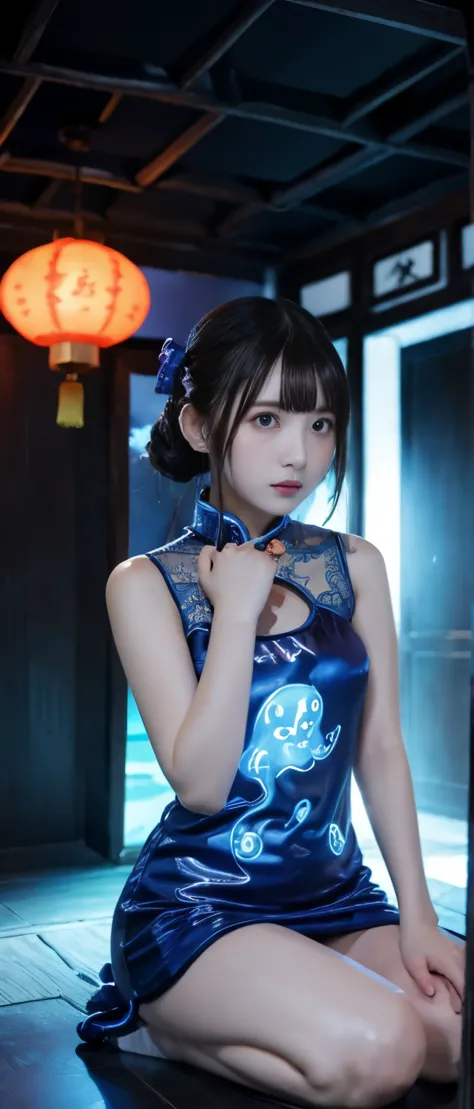 cute occultic idol、whole body、good style、、、Fluorescent blue ghost mini cheongsam（bone stalk）、、、chinese haunted house、Blue flames...