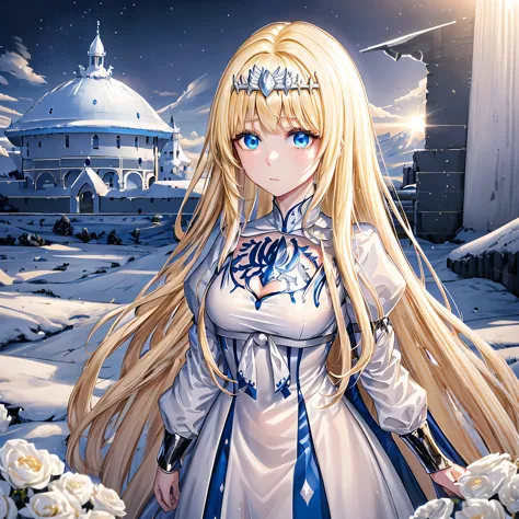 super fine illustration, an extremely cute and beautiful girl, highly detailed beautiful face and eyes, look at viewer, cowboy shot, beautiful long hair, solo, dynamic angle, beautiful detailed ice dress with frill, ice castle in background, blue tone,  1g...