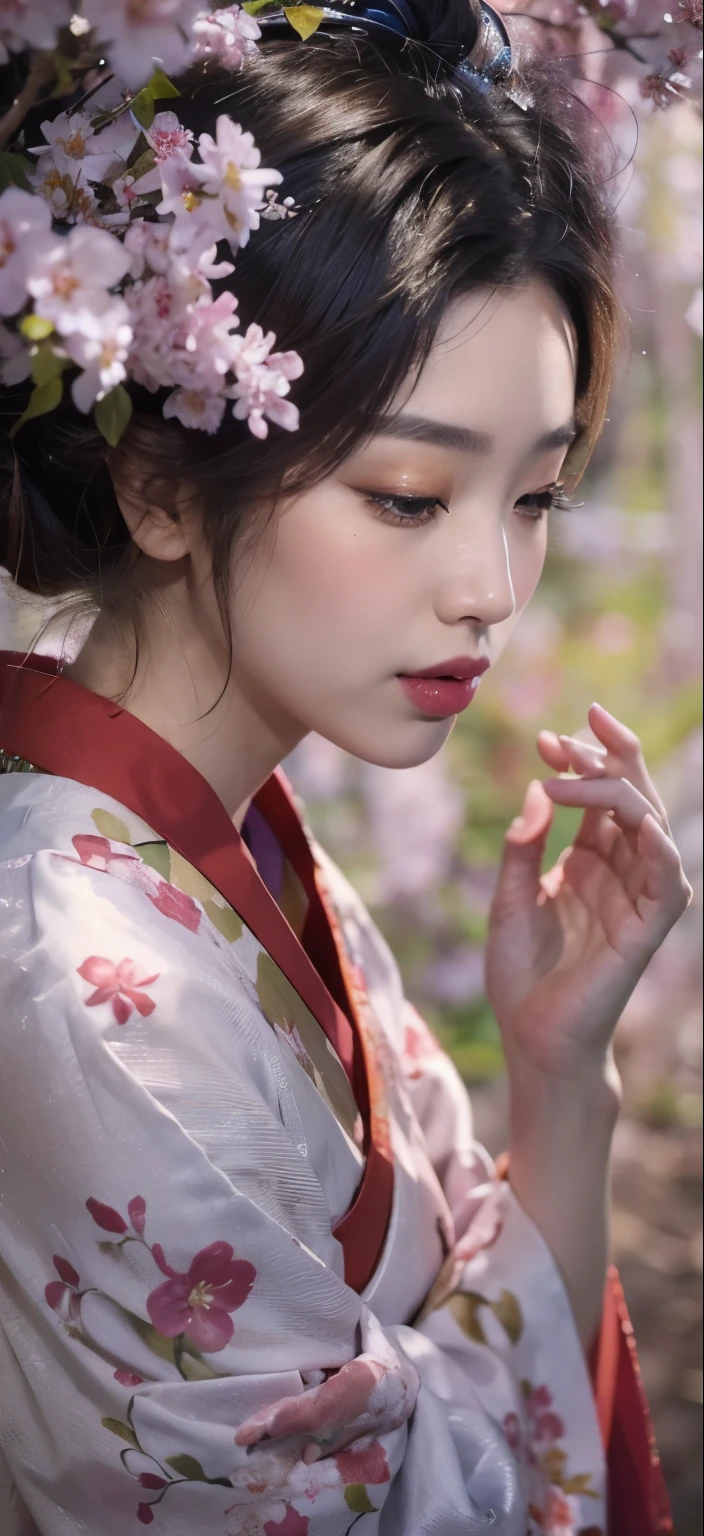 ((japanische Frau, mit verbundenen Augen:2,0)) , Geisha au Japon avec un bandeau Lila Rot、Eleganz in einem exquisiten Garten. Sie hat wunderschöne zarte Augen und Lippen，Es passt gut zu ihrem Gesicht.... Ies geishas portent des kimonos traditionnels de couleur Lila Rot et bordeaux, mit komplizierten Mustern und Designs. UM&#39;Es gibt leuchtende Kirschblütenbäume und friedliche Karpfenbecken. Die Szene wurde mit einer Mischung gezeichnet&#39;Illustration und Fotorealismus, Ultra-detaillierte Pinselstriche und Klarheit, Helle Farben. Die Beleuchtung betont die eleganten Züge der Geisha, Lass ihre Porzellanhaut ein sanftes Leuchten ausstrahlen. I&#39;arbeiten&#39;Kunst ist von höchster Qualität, 4K- oder 8K-Auflösung, Zeigt die komplizierten Details der Geisha-Kostüme, Kirschbaum, Und die glänzenden Schuppen des Karpfens. Die gesamte Farbpalette ist eine Kombination aus traditionellen japanischen Farbtönen, Lila Rot , rouge, usw..., Schwarzer, und dezenten Goldakzenten, Sehr viele Kirschblütenbäume. Ia fusion des traditions anciennes et des fleurs de Kirschbaum ,Frühling in Japan、Erschaffe eine charmante, Kochen&#39;optisch eindrucksvolle Arbeit.（Schultern freigelegt）, arrogante Atmosphäre, arrogant,Die Brust ist sichtbar、Man kann das Tal sehen、ist sichtbar、nackten Schultern、(Spitzenhalskette:1,2),Brüste freigelegt、(Schulterfreier Schnitt) ,Lila Spitzen-Augenmaske, ruban Lila Rot qui cache les yeux