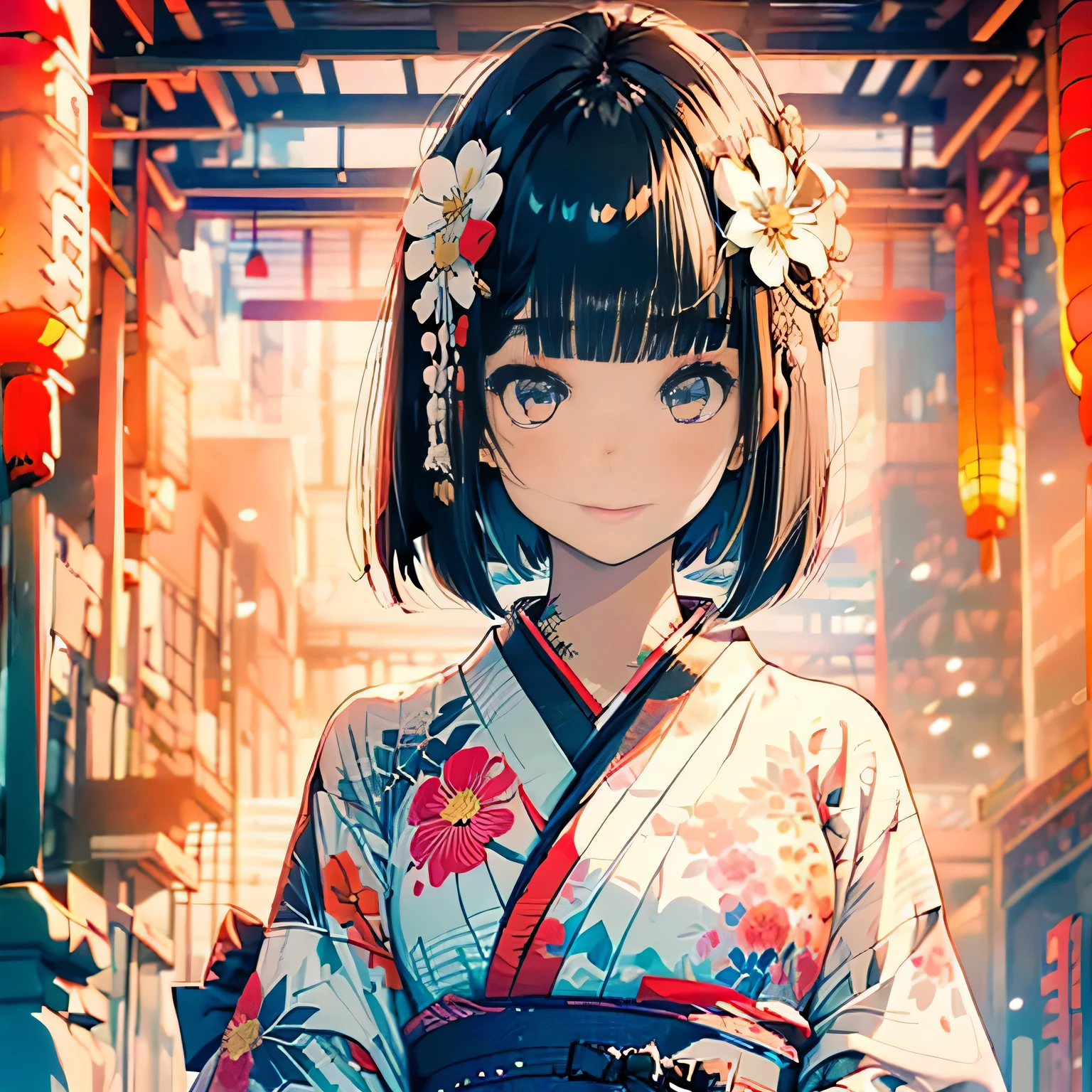 ((1girl,cute,japanese,young,short beautiful black hair,bob cut,blunt bangs,beautiful black eyes)),(solo),(japanese beautiful floral kimono,yukata),((masterpiece, highest resolution,best quality)), (beautiful illustration), (looking at the viewer), innocent smile,beautiful japanese festival,fireworks,flowers,stall、stall,crowded,night,