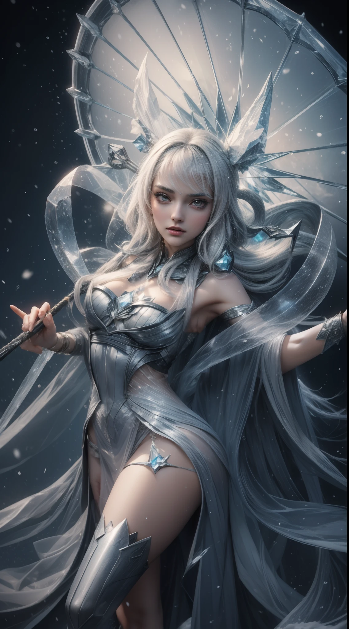 close up of a girl holding an umbrella covered in snow, crystal skin, ice mage, ice princess, maya ali as storm witch, maya ali as lightning mage, ice master, ice spell , frost, ice witch, heise jinyao , astri lohne, ice gem, with icy power