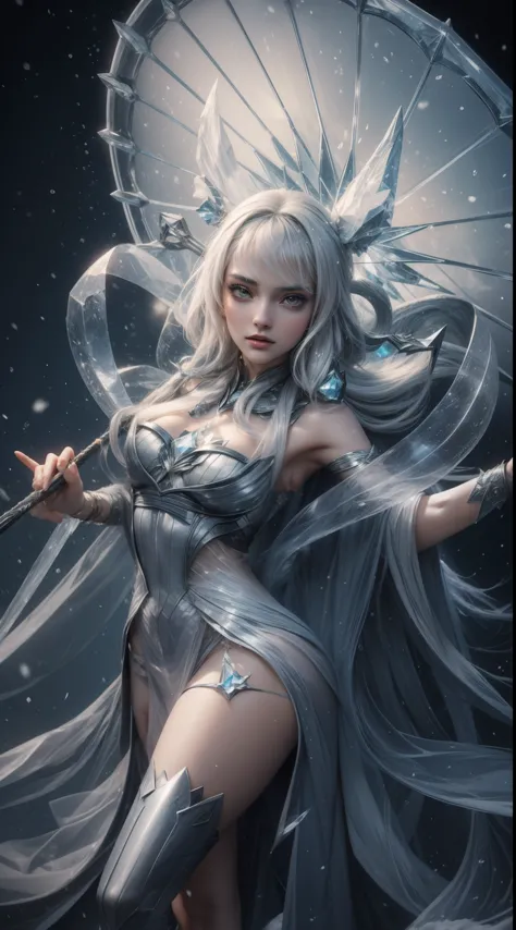 close up of a girl holding an umbrella covered in snow, crystal skin, ice mage, ice princess, maya ali as storm witch, maya ali ...