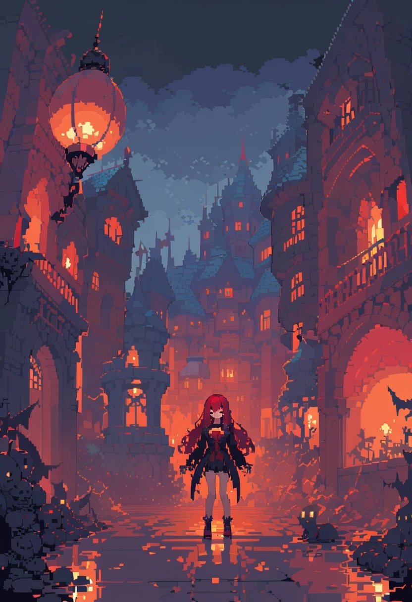 pixel art,solo, masterpiece, best quality, high resolution, 1 girl, alone, modern vampire, Red hair, long hair, open hair, Red eyes, smile, There are 2 little boys on each side of her, both vampires with Red hair, red and black clothes, scary background