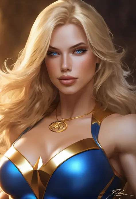 sexy superheroine wavy blonde hair glowing blue eyes wears a blue outfit gold shoulder pads gold bracelets revealing abs midriff...