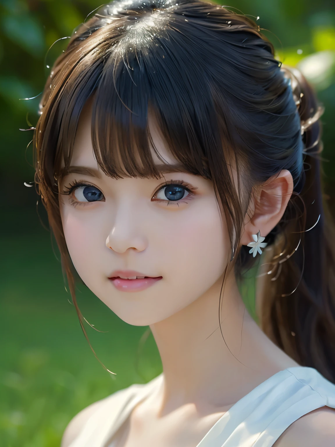 grassland、(You can see both sides:1.6)、（from the chest up:1.6)、laughter、Close-up portrait of a girl wearing white sleeveless top dress and earrings, soft portrait shot 8k, nice delicate face, High quality 4K portraits, high quality portrait, soft and perfect white skin, 8K highly detailed face, beautiful and delicate face, beautiful light big eyes, beautiful and realistic face, with a beautiful girl, beautiful and realistic face, cute girl