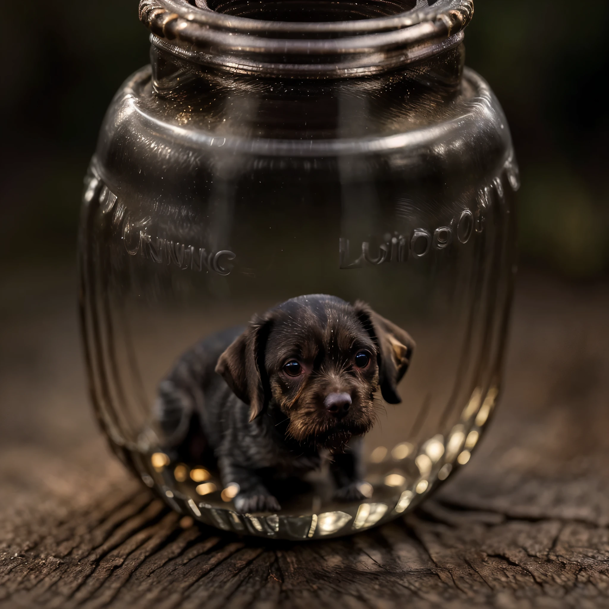 (An intricate minidog drahthaar trapped in a bottle), atmospheric oliva lighting, on the table, 4k UHD, dark vibes, hyper detailed, vibrant colours forest background, epic composition, octane render, sharp focus, high resolution isometric, (film grain:1.3), The light is sparkling, high quality photography, 3 point lighting, flash with softbox, 4k, Canon EOS R3, HDR, smooth, sharp focus, high resolution, award winning photo, 80mm, f2.8, bokeh
