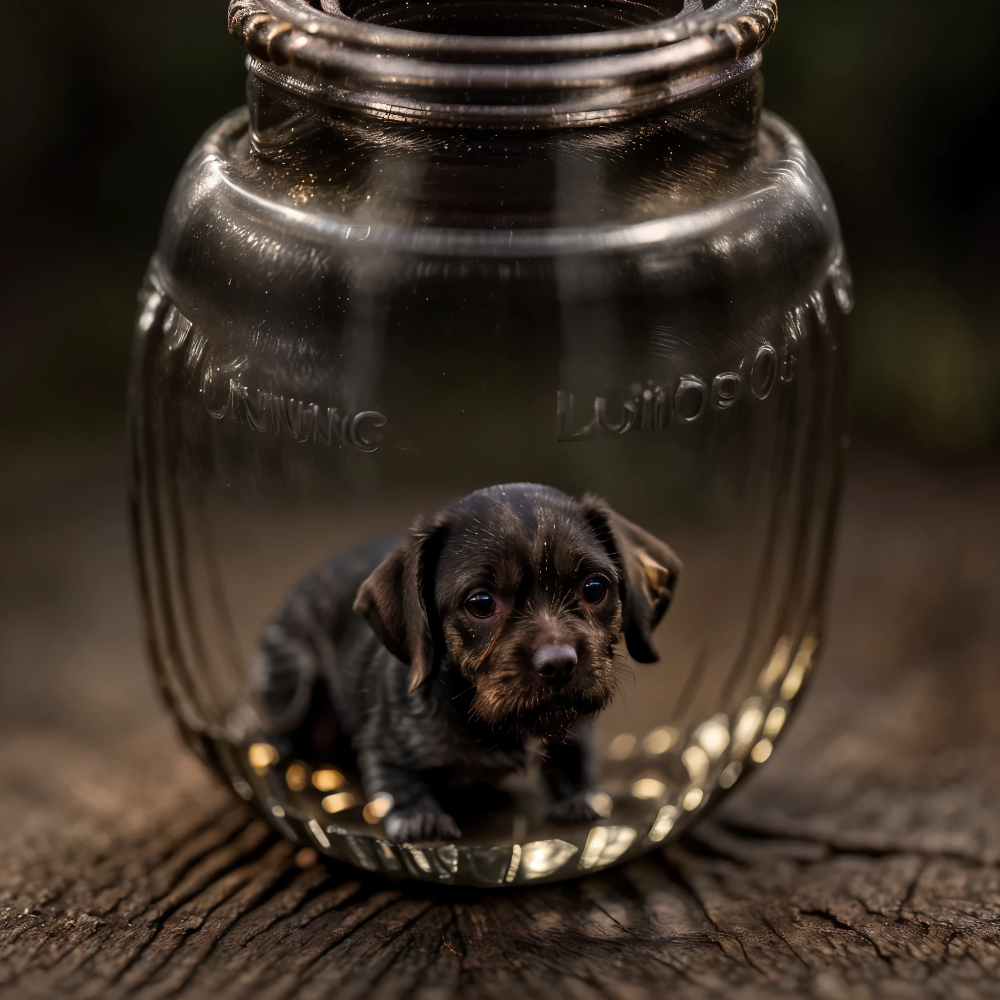 (Un mini-chien complexe, Drahthaar, emprisonné dans une bouteille), éclairage d&#39;ambiance olive, Sur la table, 4K UHD, vibrations sombres, hyper détaillé, fond de forêt de couleurs vibrantes, composition épique, rendu d&#39;octane, netteté, haute résolution isometric, (grain de film:1.3), La lumière scintille, photographie de haute qualité, Éclairage 3 points, flash avec softbox, 4k, Canon EOS R3, HDR, lisse, netteté, haute résolution, photo primée, 80mm, f2.8, bokeh