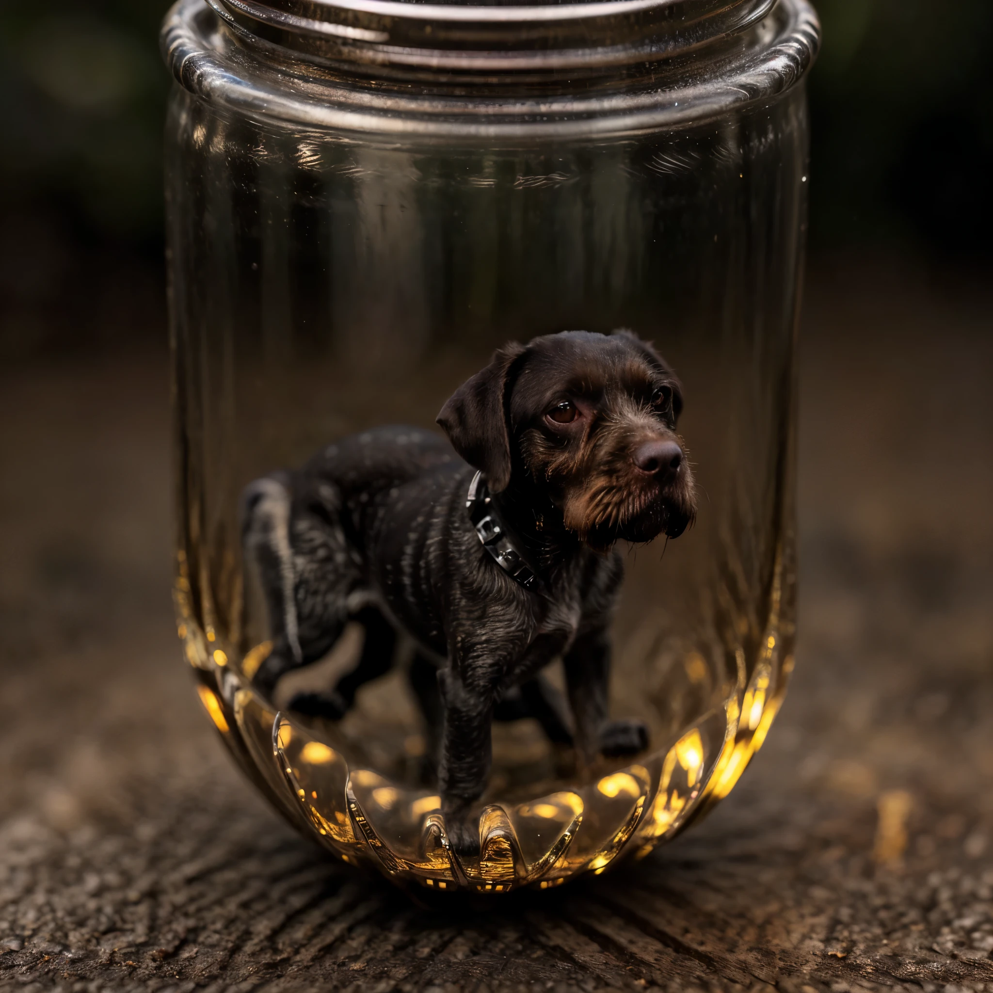 (An intricate minidog drahthaar trapped in a bottle), atmospheric oliva lighting, on the table, 4k UHD, dark vibes, hyper detailed, vibrant colours forest background, epic composition, octane render, sharp focus, high resolution isometric, (film grain:1.3), The light is sparkling, high quality photography, 3 point lighting, flash with softbox, 4k, Canon EOS R3, HDR, smooth, sharp focus, high resolution, award winning photo, 80mm, f2.8, bokeh