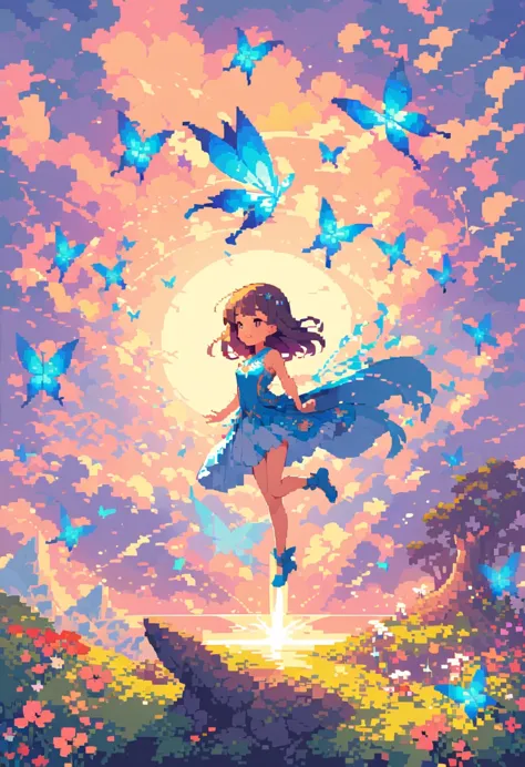 pixel art,girl,flowers,vibrant colors,bright,playful,retro,glowing,sparkling,sunshine,butterflies,magic,fantasy,floating,endless...