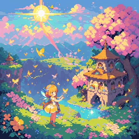 pixel art,girl,flowers,vibrant colors,bright,playful,retro,glowing,sparkling,sunshine,butterflies,magic,fantasy,floating,endless...